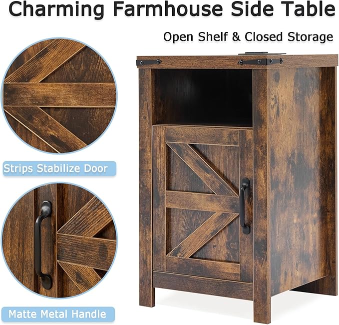 Farmhouse Living Room Table Set of 3, 2 Rustic End Table with Charging Station and 1 Sofa Table with Large Hidden Storage, Farmhouse Sofa Table Set for Living Room, Office, Brown