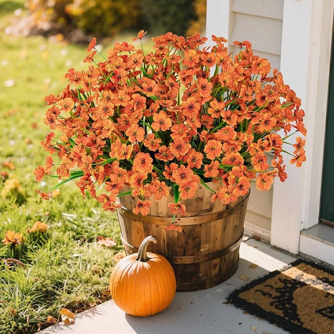 Ouddy Decor 24 Bundles Artificial Fall Flowers for Outdoors Fake Mums Fall Silk Flowers UV Resistant Faux Plastic Plants for Indoor Outdoor Vase Box Garden Porch Window Box Home Autumn Decor, Orange