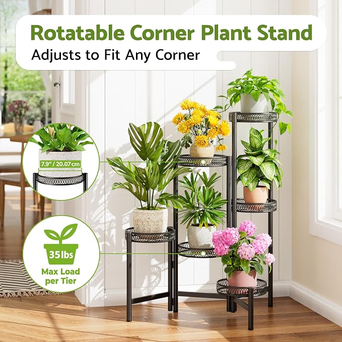 6 Tier Large Plant Stand Indoor with 7.9-Inch Wide Drainage Tray, Tiered Corner Metal Outdoor Flower Display Holder Shelf, Folding Tall Rack for House Patio Porch Balcony Graden - BlackFlower
