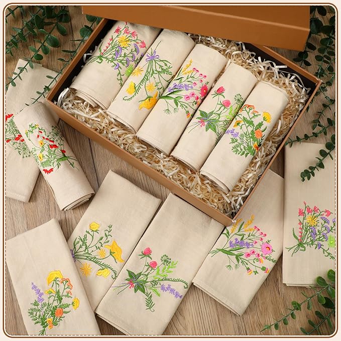 Tioncy 12 Pcs Christmas Floral Cloth Napkins Decorations Bulk Embroidered Wildflower Dinner Napkins Tea Cocktail Party Gifts Xmas Stocking Stuffers for Holiday Table Decor (Linen)