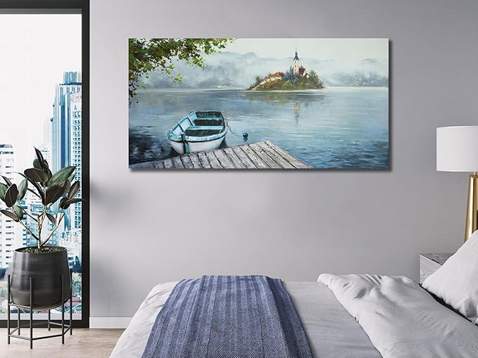 Ardemy Lake Canvas Wall Art Landscape Boat Pictures Wall Decor Living Room Scenic Artwork Painting Bedroom Ktchen Dining Room Home Office, 40"x20"