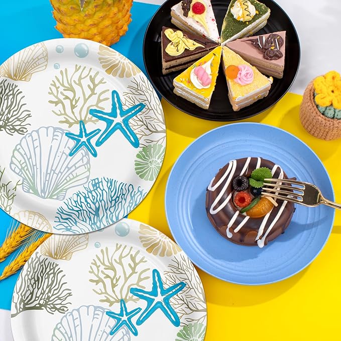 40 Pcs Ocean Seashell Plates and Napkins Party Supplies, Coastal Beach Paper Plates Napkins Starfish Coral Disposable Tableware Set for Summer Birthday Baby Shower Beach Party Decorations (Ocean)
