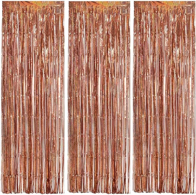 TONIFUL 3Pcs Laser Rose Gold Door Streamers,Laser Rose Gold Photo Booth Backdrop Metallic Streamers Foil Fringe Curtains for Birthday,Christmas,New Year,Bachelorette Party Decor(9.9ft x 6.6ft)