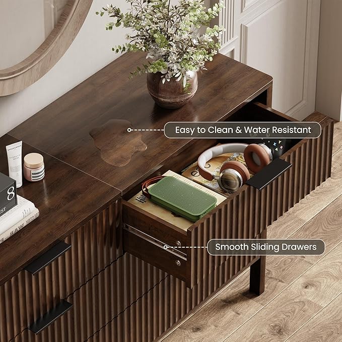 55" Wide Fluted 6 Drawer Dresser for Bedroom, Wooden Dresser Modern Chest of Drawers TV Stand Dressers with Organizer Storage for Bedroom, Living Room, Entryway, Hallway, Walnut