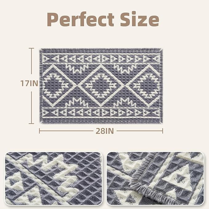 PADOOR Bath Mat-Super Absorbent Bath Mats for Bathroom, Machine Washable Non Slip Bathroom Rug with Tassels, Soft Bathroom Mat for Laundry Room, Bedroom, Grey & Cream 17"x28"