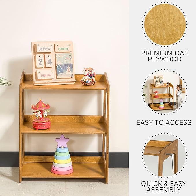 Montessori Bookshelf for Toddlers Solid Wood Toy Storage Shelf Organizer for Playroom and Classroom Floor Bookshelf for Kids Room (Oak, 3-Shelves)