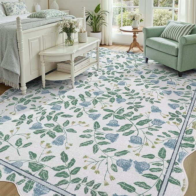 DCX Washable Botanical Floral Rug 8x10, Blue and Green Scalloped Rug, Non Slip Low Pile Carpet for Bedroom, Living Room, Kid & Pet Friendly