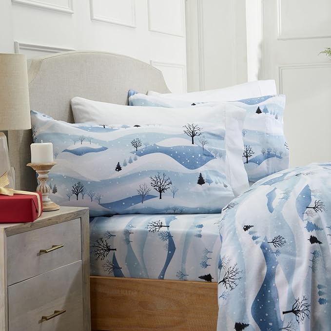 Market & Place 100% Cotton Twin Flannel Sheet Set | 3 Piece Deep Pocket Novelty Cozy Winter Bed Sheets | Double Brushed for Extra Softness & Comfort | Alpine Collection (Twin, Winter Landscape)
