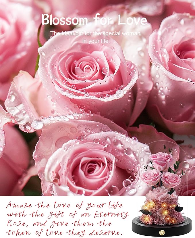Christmas Flowers Roses Gifts for Mom,Forever Real Preserved Roses in Glass Dome,Christmas Anniversary Thanksgiving Gifts for Wife Girlfriend Women Best Friend GrandmaPink Rose