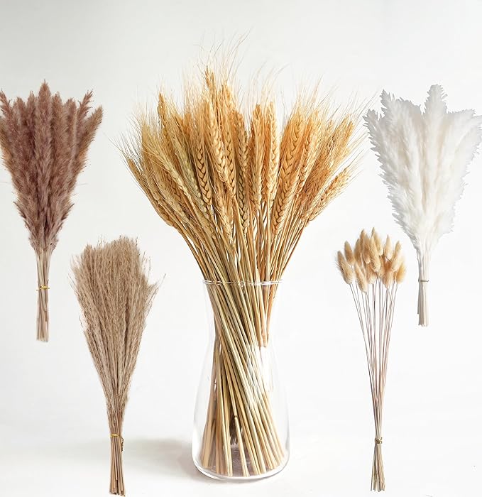Dried Wheat Stalks and Pampas Grass Decor – 5 Types of Natural Dried Florals Including Wheat, Pampas Grass, Bunny Tails, and Dried Flowers – Fall Floral Arrangements for Vase, Farmhouse & Table Decor