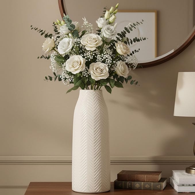 hjn Large White Vase for Flowers Ceramic Vase for Home Decor Tall Vases for Your Floor/Kitchen/Office/Living Room/Table- White Texture(Large)