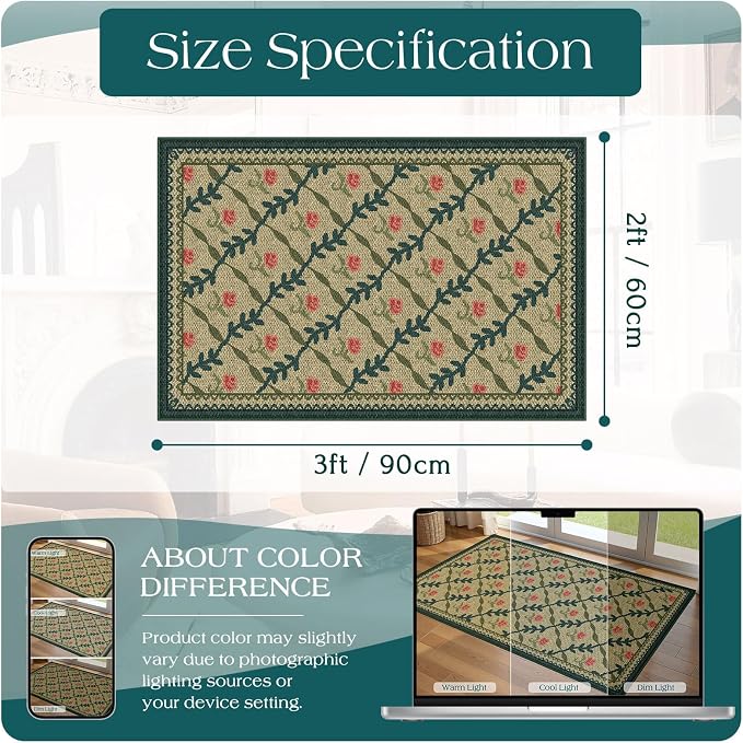 Front Door Mat Outside Entrance - 2x3 Non-Slip Washable Doormat Indoor Outdoor Entrance Jute-Look Floral Rug Welcome Mat Small Throw Rugs for Entryway Bedroom Kitchen Mudroom Front Porch Decor