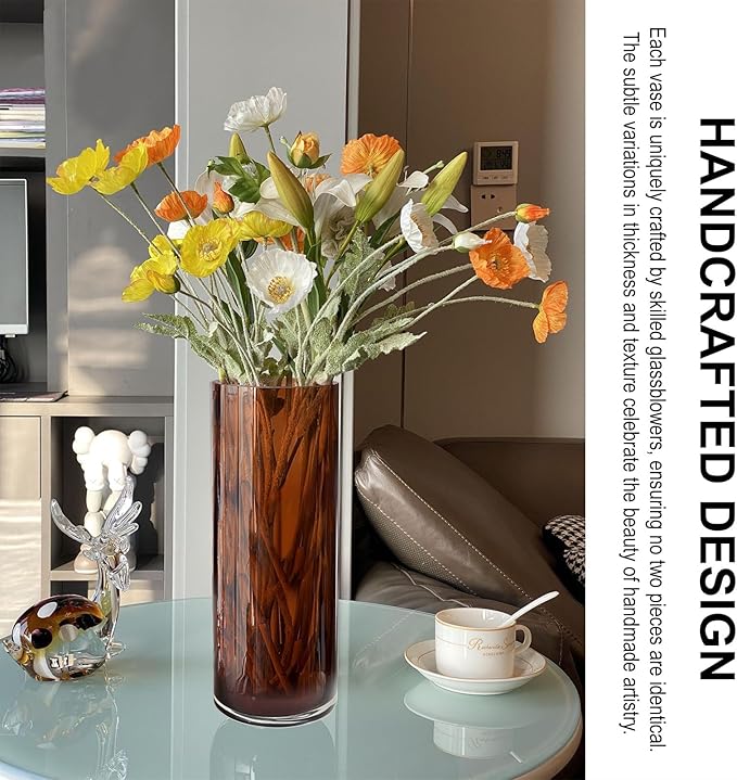11.8" Amber Hand Blown Glass Vase, Thicken Cylindrical Shape, 4.7 Inch Diameter, Luxe Modern Decor for Centerpieces, Wedding, Home,Office