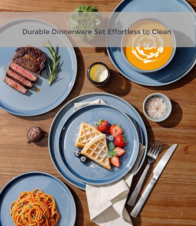 GBHOME 12-Piece Stoneware Dinnerware Set for 4 – Ribbed Ceramic Plates and Bowls, Scratch-Resistant, Microwave & Dishwasher Safe, Reactive Glaze, Alaskan Blue