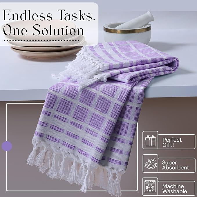 Matrix Dobby Kitchen Towels 12 Pack, 16x26 Inches, 100% Cotton, Absorbent Reusable Dish Cloths with Handmade Tassels, Washable Hand Towels for Drying - Lavender, White