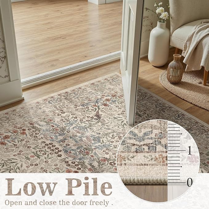 DCX Beige 8x10 Area Rugs, Machine Washable Non Slip Stain Resistant Soft Vintage Floral Rug, for Living Room, Bedroom, Playroom, Soft Low Pile Large Carpet
