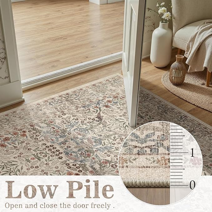 DCX Beige Area Rugs 9x12, Machine Washable Non Slip Stain Resistant Soft Vintage Floral Rug, for Living Room, Bedroom, Playroom, Soft Low Pile Large Carpet