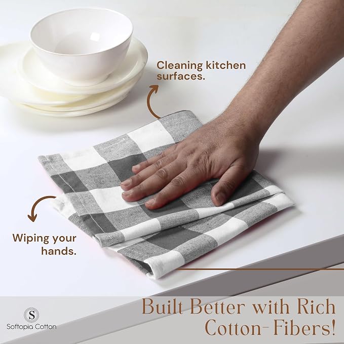 Grey Buffalo Check Plaid Kitchen Towels, 4 Pack, 100% Cotton, 16x26 Inches, Super Absorbent, Quick Dry, Soft, Lint-Free, Dish Drying & Cleaning Towels with Hanging Loop, Gray White
