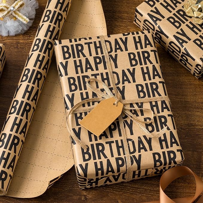 MAYPLUSS Birthday Wrapping Paper Rroll, Happy Birthday Kraft Gift Wrap for Boys Girls Men Women 17 IN x 33 FT