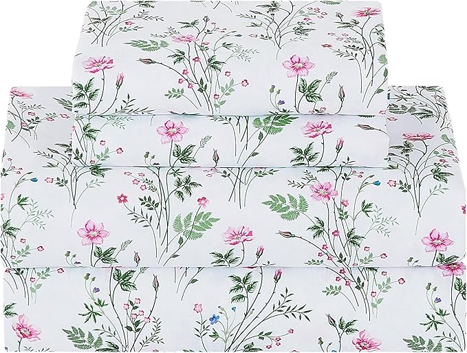 Softan Vintage Queen Bed Sheets, Cozy Microfiber Flower Printed Sheets with 15" Deep Pocket Fitted Sheet & Non-Slip Straps, Patterned Botanical Wildflower Sheets & Pillowcase Set