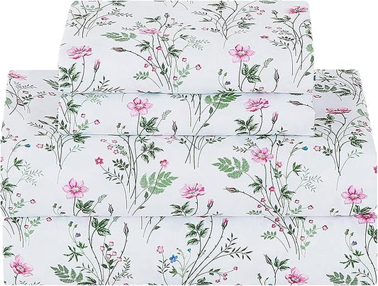 Softan Vintage Queen Bed Sheets, Cozy Microfiber Flower Printed Sheets with 15" Deep Pocket Fitted Sheet & Non-Slip Straps, Patterned Botanical Wildflower Sheets & Pillowcase Set