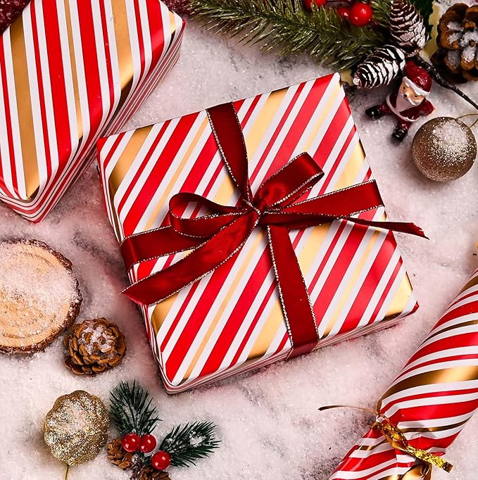 MAYPLUSS Christmas Stripe Wrapping Paper Roll - 17 Inch X 33 Feet - Classic Red Candy with Gold Diagonal Stripes Winter Holiday Gift Wrap for Weddings Birthday Party Showers and Scrapbooking