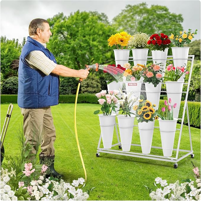 Flower Display Stand 3 Layers with 12 PCS Round Buckets, Plant Stand with Wheels, Movable Metal Plant Stand for Terrace Garden, Florist Shop