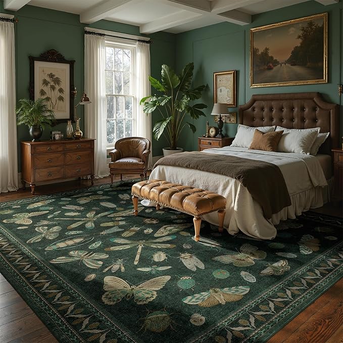 DCX 6x9 Washable Insect Rug, Vintage Gothic Dark Green Rug with Non-Slip Rubber Backing, Soft Low-Pile, Stain-Resistant, Kid & Pet Friendly, for Living Room, Bedroom, Office, and Nature-Themed Decor
