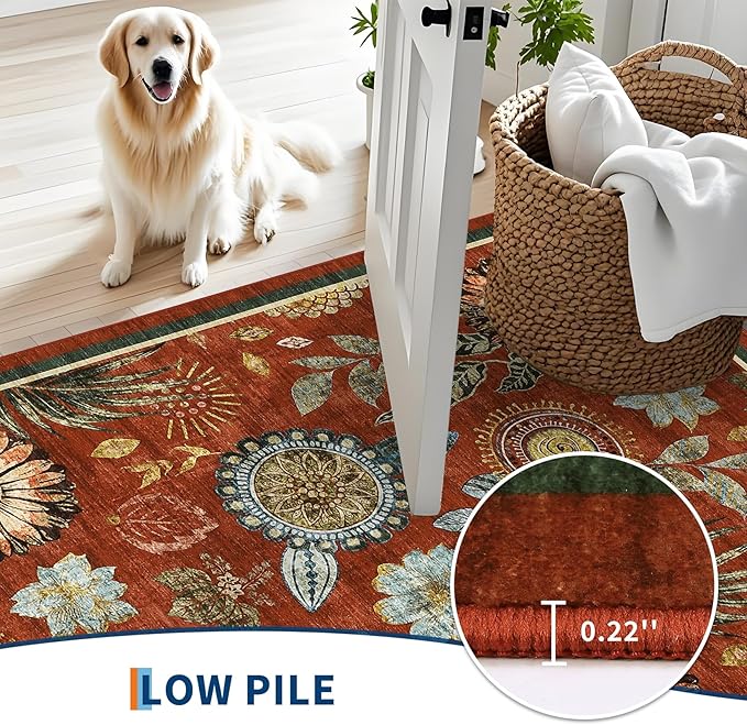 Washable 8x10 Modern Floral Area Rug Ultra Soft Thin Bedroom Carpet Non Shed Large Rugs Non Slip Living Room Rustic Rug Stain Resistant Indoor Home Decor Carpet for Farmhouse Dining Room, Brick Red