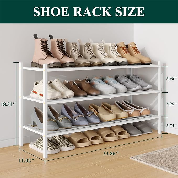 Smiry Long Bamboo Shoe Rack 3-Tier, Stackable Wooden Shoe Organizer for Entryway & Closet, Free Standing Wood Shoe Storage Shelf for Front Door & Small Spaces, White