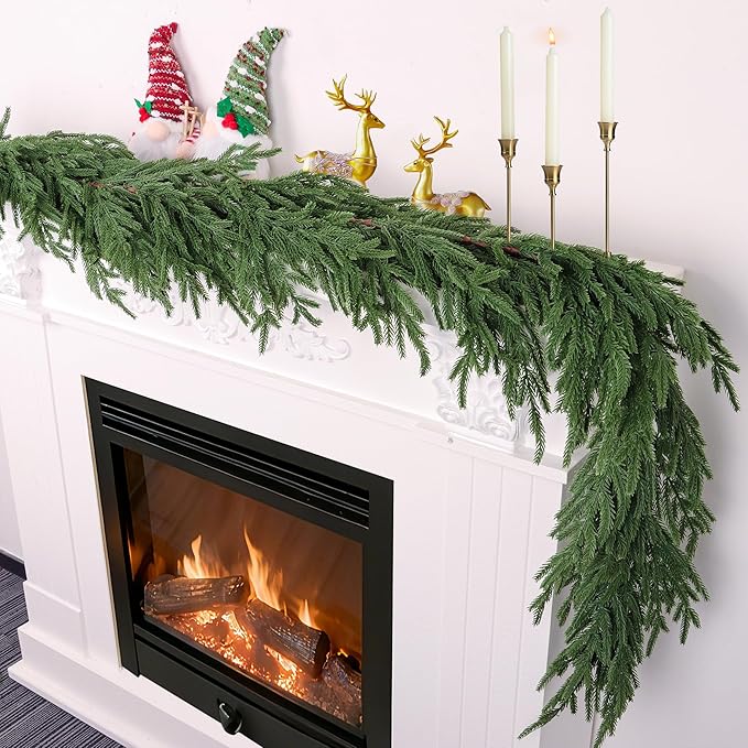 6 Ft Christmas Norfolk Pine Garland Real Touch Artificial Faux Greenery Christmas Garland Decorations for Home Mantle Table Stairs Fireplace Door Indoor Outdoor Holiday Decor