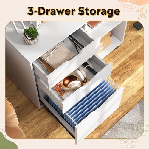 DEVAISE 3-Drawer Wood File Cabinet - Mobile Lateral Filing Cabinet with Open Storage Shelves | White Finish