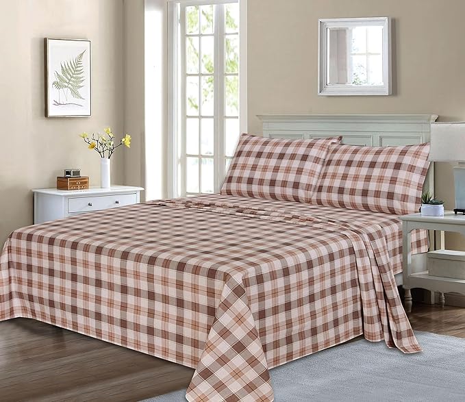 RUVANTI Flannel Sheets Twin XL Size - 100% Cotton Double Brushed Twin XL Sheet Sets, Deep Pockets 16 Inches, All Seasons Breathable & Extra Soft Bed Sheets, Warm & Cozy, 3 Piece, Beige & Grey Plaid