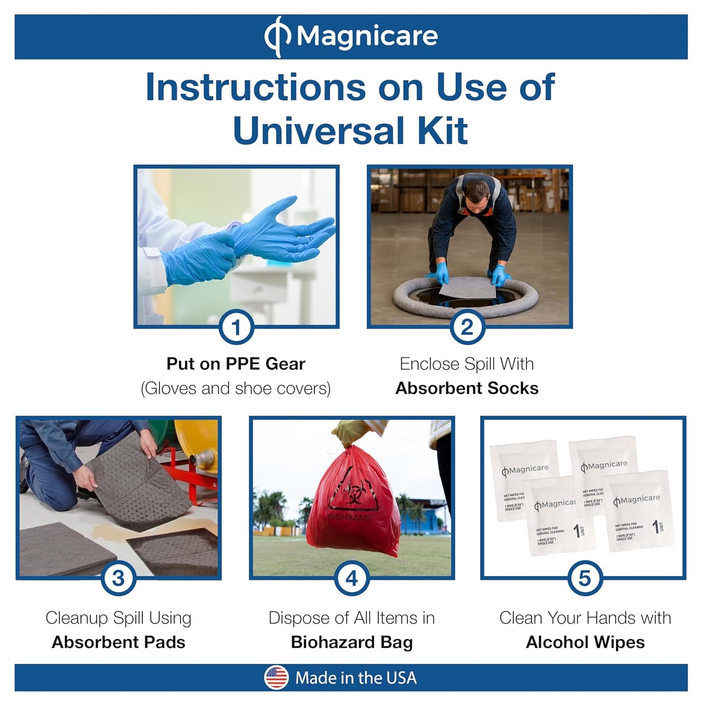 Universal Spill Kit - OSHA Approved Biohazard Cleanup for Oil, Water & Chemicals | 15 Absorbent Pads, 2 Socks, PPE in Bright Orange Duffel Bag