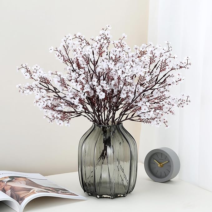 JAKY-Global 10pcs Babys Breath Artificial Flowers with Vase Gypsophila Bouquet Bulk Fake Spring Silk Flowers Real Touch Faux Floral for Home Garden Wedding Christmas Party DIY Decor (White)