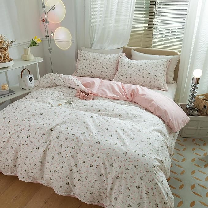 LifeTB Pink Flower Duvet Cover Twin XL Girls Aesthetic Floral Duvet Cover White Soft 100% Cotton Flower Bedding Set Cottage Floral Comforter Cover with Zipper Closure, Breathable, Easy Care