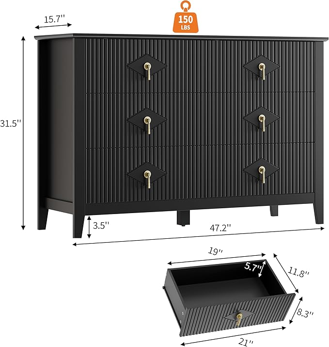 GarveeHome Fluted Dresser for Bedroom, 47.2 Inch Wide 6-Drawer Wood Dresser, Modern Chest of Drawers, Storage Organizer Cabinet for Living Room, Hallway, Entryway, Black