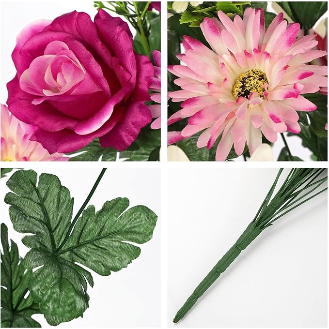 Hollyone Set of 2 Artificial Cemetery Flower for Graves Purple Pink Cemetery Memorial Flowers for Outdoor Grave Decorations Silk Flower Arrangements Rose Lily Gerbera Floral Flowers Bouquets