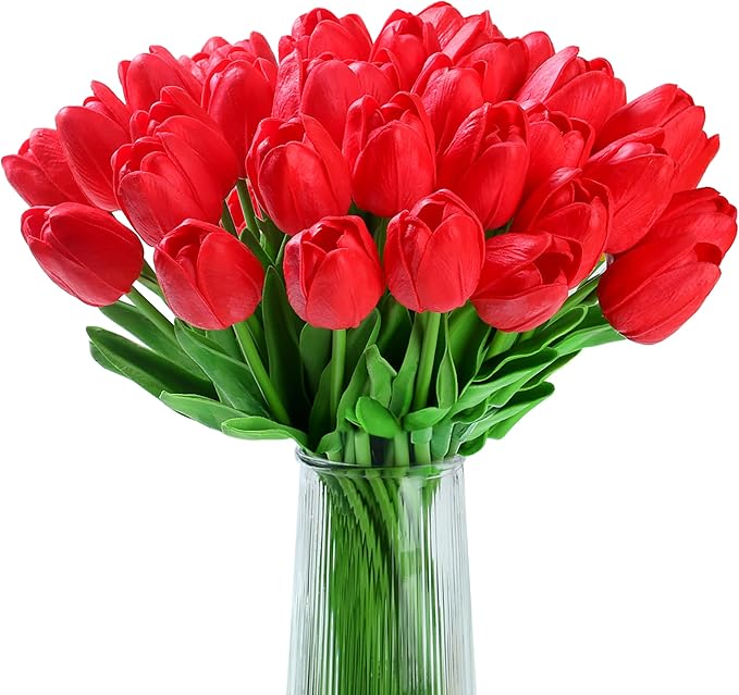 20pcs Red Tulips Artificial Flowers Fake Silk Tulips Real Touch Flowers for Spring Kitchen Wedding Home Decor Arrangements Easter Decor 14 Inch