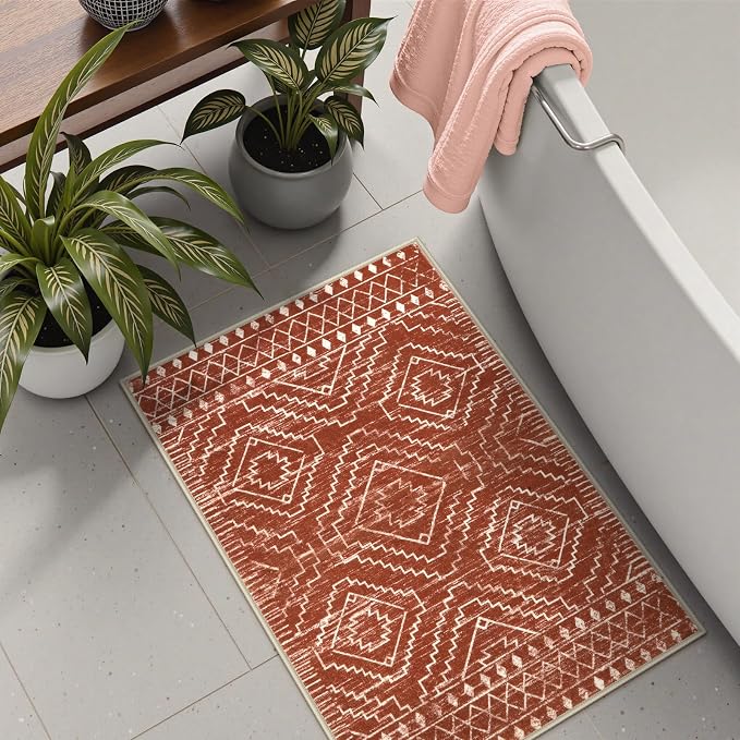 Wonnitar Moroccan Bathroom Rug,Washable 2x3 Small Bath Mat, Boho Tribal Soft Kitchen Sink Mat, Non-Slip Geometric Entry Way Rug, Low-Pile Indoor Carpet for Bedside Entrance Laundry (Brown,2'x3')
