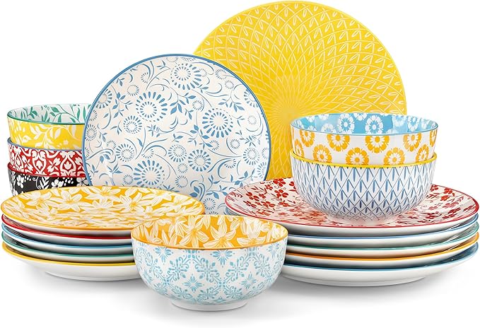 vancasso SELENE Plates and Bowls Set for 6, 18 Pieces Dinnerware Sets, Mircowave and Dishwasher Safe Dishes Set, Porcelain Pastel Dinnerware