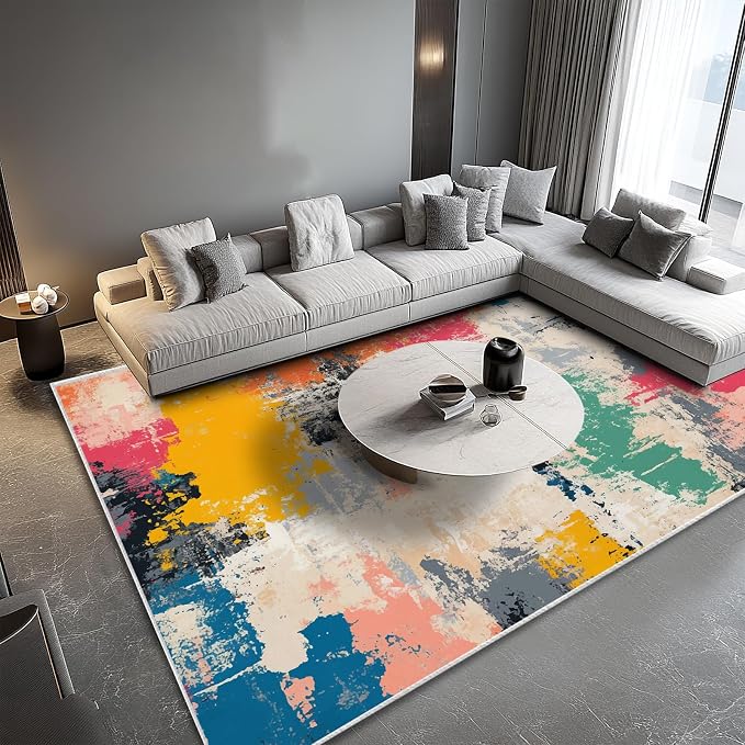 6x9 Colorful Area Rug Modern Abstract Beige Orange Yellow Pink Blue Black White Grey Rug Bedroom Low Pile Thin Large Carpet Living Room Non Slip Dining Room Stain Resistant Office Washable Machine
