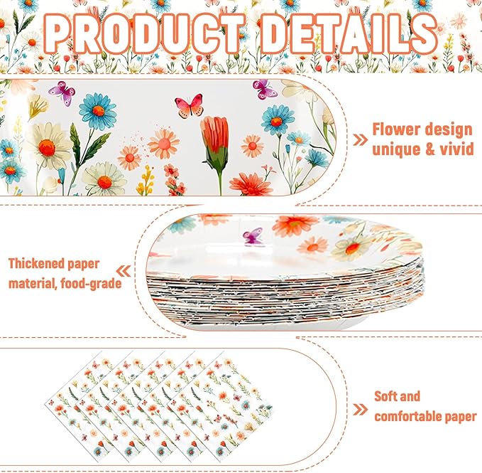 96 PCS Spring Wildflower Party Tableware Supplies, Disposable Floral Paper Plates Napkins Set for Picnic Baby Shower Birthday Wedding Thanksgiving Christmas Tea Party Decor Suppies, 24 Guests