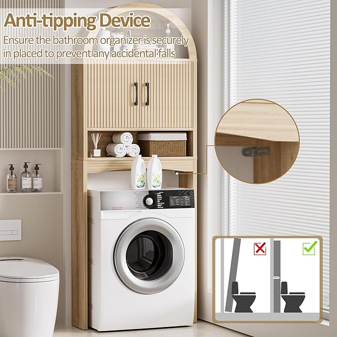 Spurgehom Over The Toilet Storage Cabinet, Bathroom Shelf Organizer Freestanding, Bathroom Arch Cabinet Over Toilet with Toilet Paper Holder and Anti-Tipping Device (Narrow Style-Wood)
