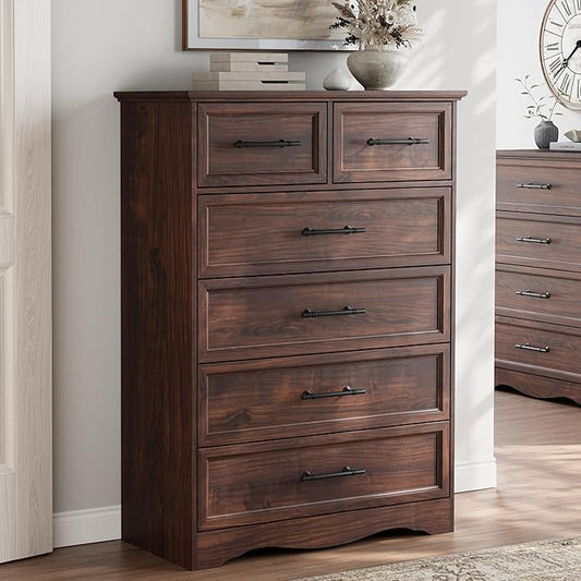 Walnut Dresser for Bedroom, Modern 6 Chest of Drawers, 44" Tall Dresser with Brushed Metal Handle, Wood Closet Organizers and Storage Cabinet for Bedroom, Living Room, Hallway