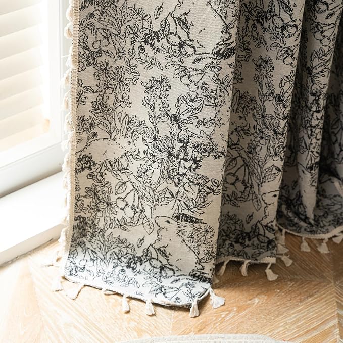 ENJOYBRIDAL Rabbit Curtains 84 Inch Length 2 Panels Boho Floor Length Drapes Jacquard Rod Pocket Dining Room Semi Sheer Window Curtains Retro Tassel Bedroom Living Room Farmhouse Window Treatments