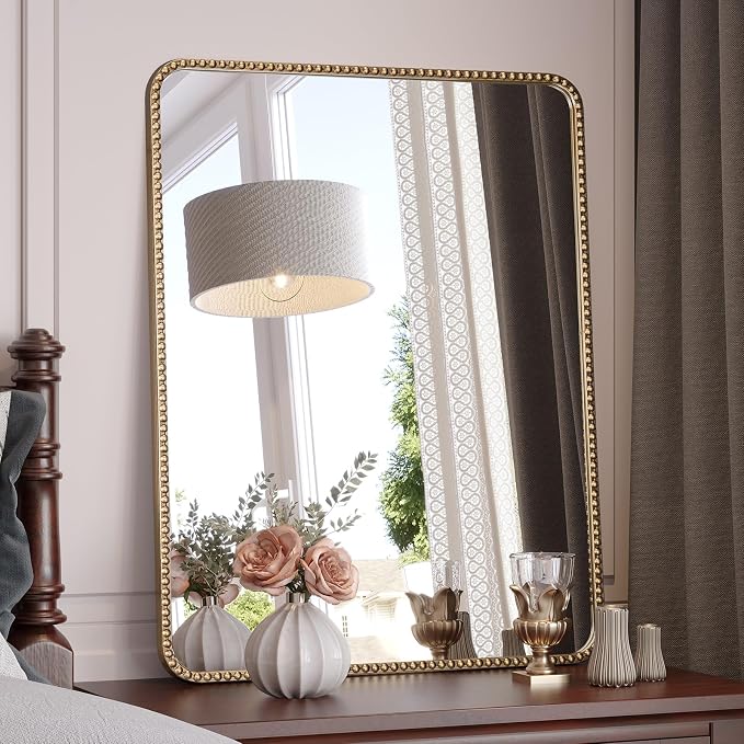 28"x36" Champagne Bronze Mirrors for Bathroom, Brass Vintage Bathroom Wall Mirror with Beaded Frame, Gold Beaded Mirror for Vanity Ornate Bedroom