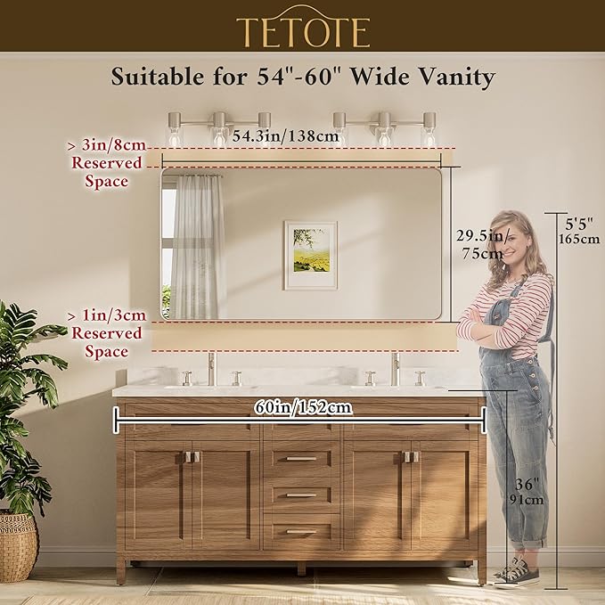 TETOTE 55 x 30 Inch Brushed Nickel Bathroom Mirror for Vanity Metal Framed Mirror Modern Farmhouse for Living Room Entryway(Horizontal/Vertical)