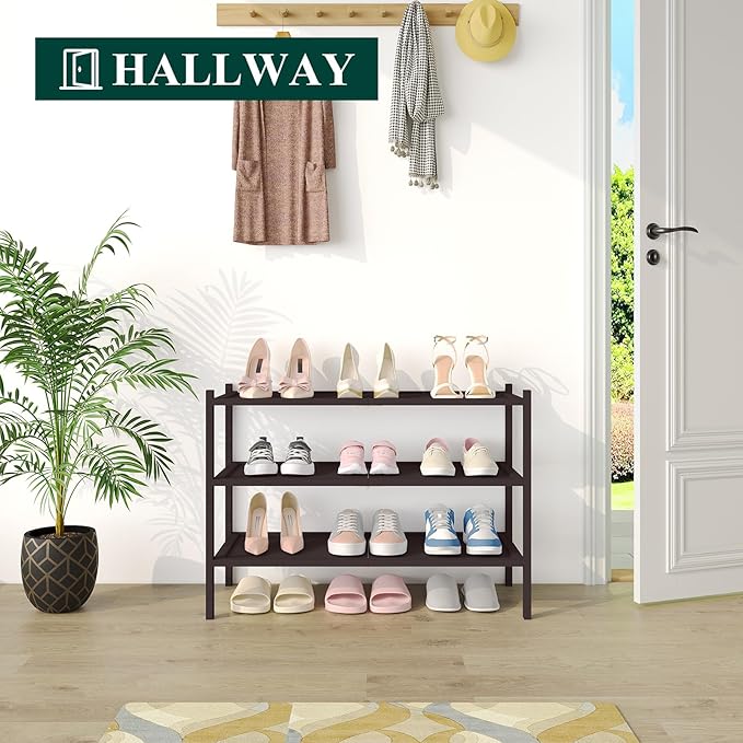 Smiry Bamboo Shoe Rack, 3 Tier Shoe Organizer for Entryway & Closet, Stackable Free Standing Storage Shelf for Shoes, Bags & Plants, Brown