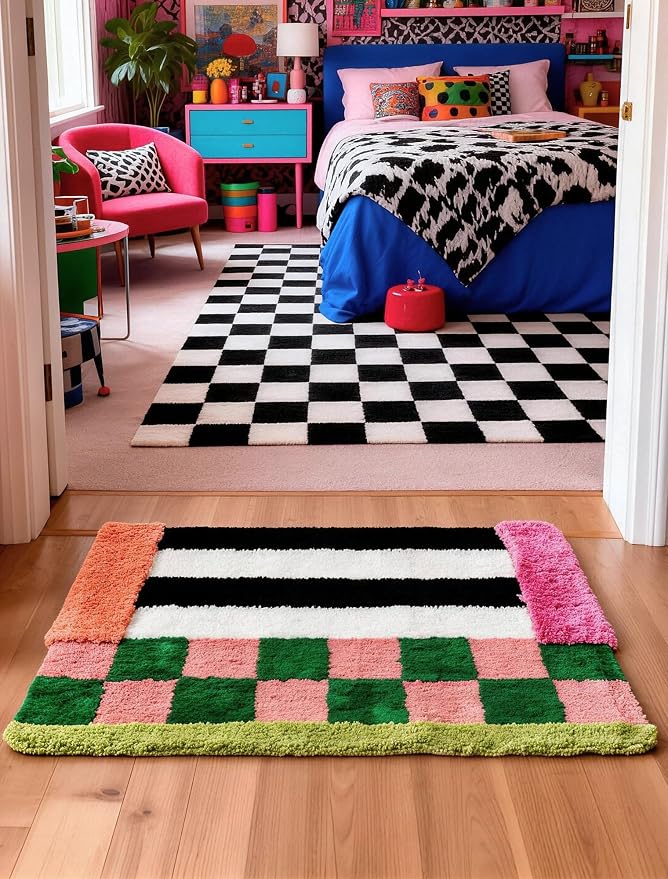 Colorful Funky Checkered Vintage Eclectic Maximalist Unique Fun Bathroom Rugs, Colorful Retro Checkered Funky Bath Mat, Dopamine Bathroom Home Room Decor (19.6"X31.4")